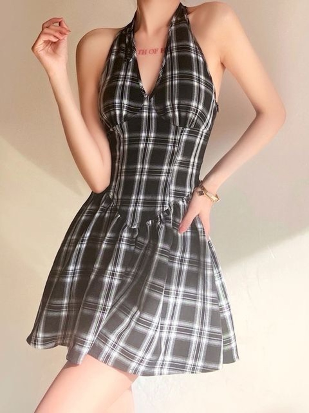 Halter Plaid Mini Dress in Black and White